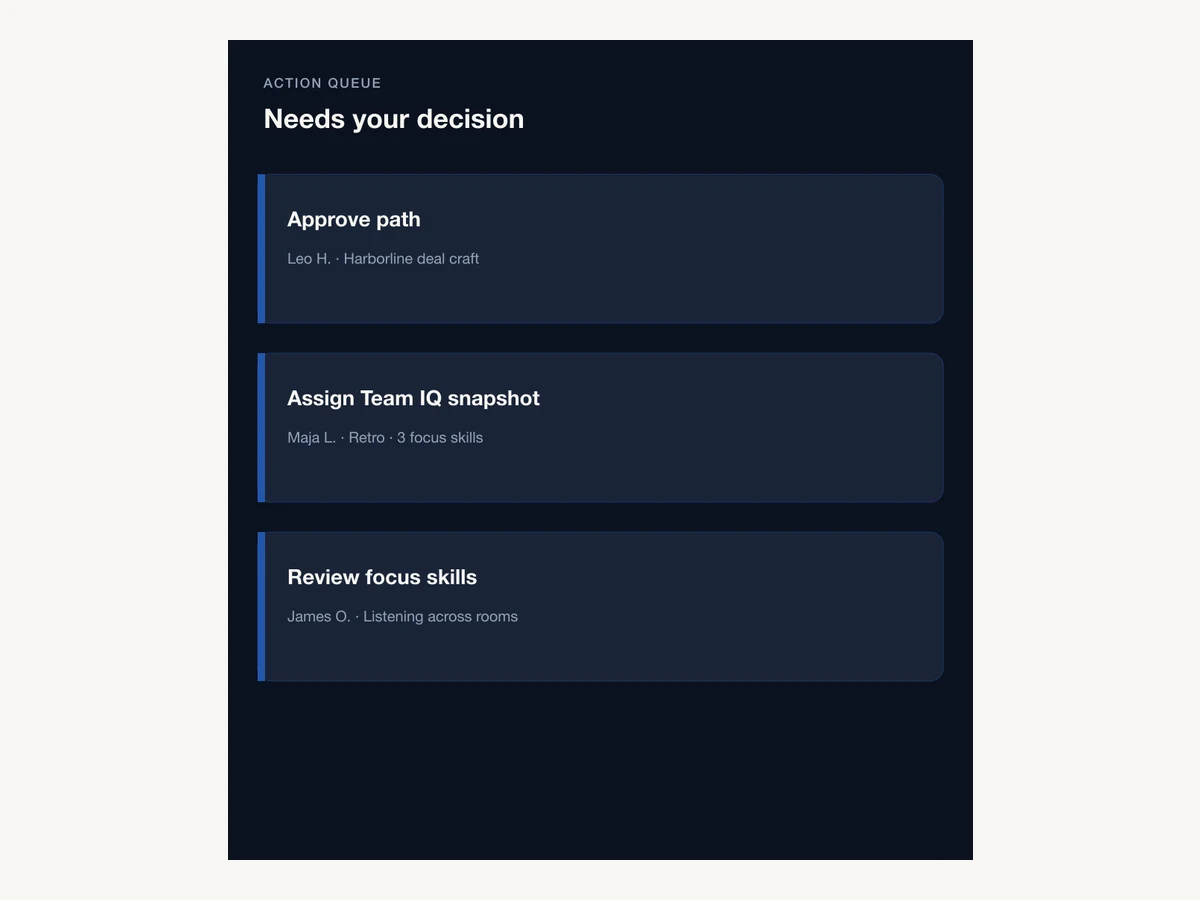 Manager action queue with approve and assign cards