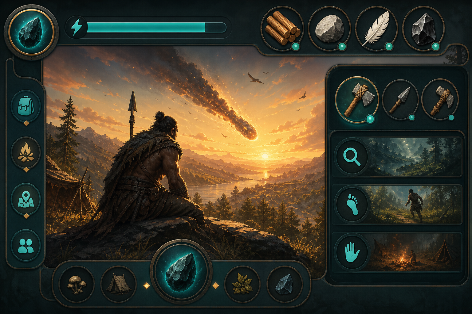 Meteorite play panel with resources, tools, and actions